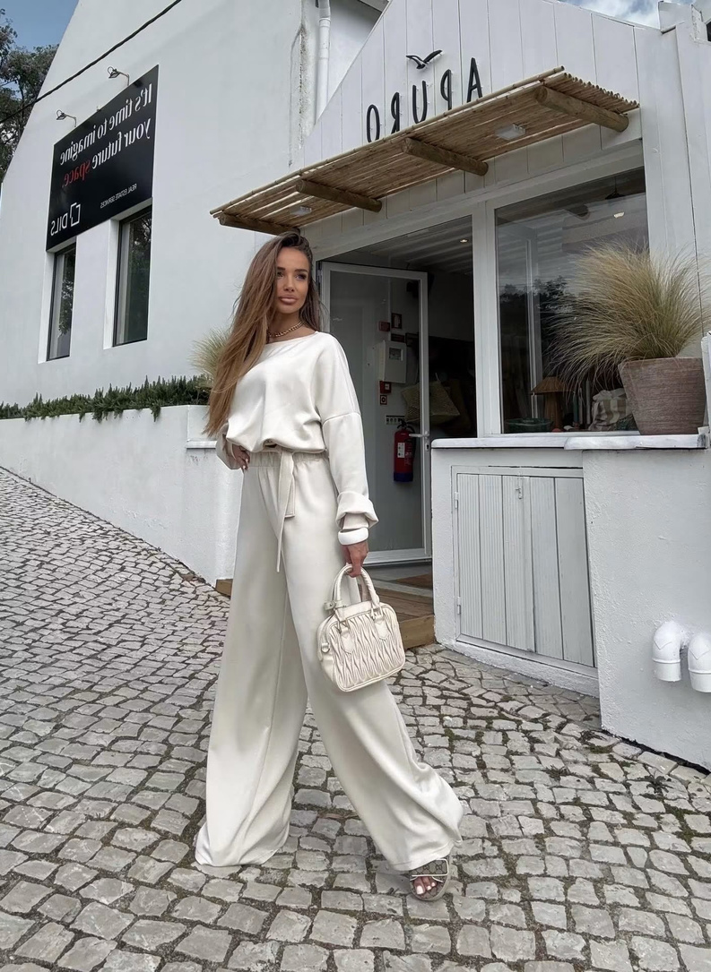 Komplet FLOW bluza i szerokie spodnie jasny beż