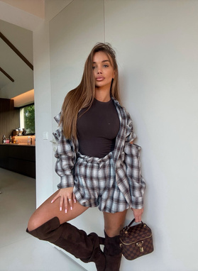 ALICANTE set, checked shirt and shorts, grey