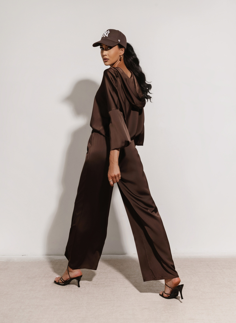 Set: Button-Down Sweatshirt + Wide-Leg Pants, Brown
