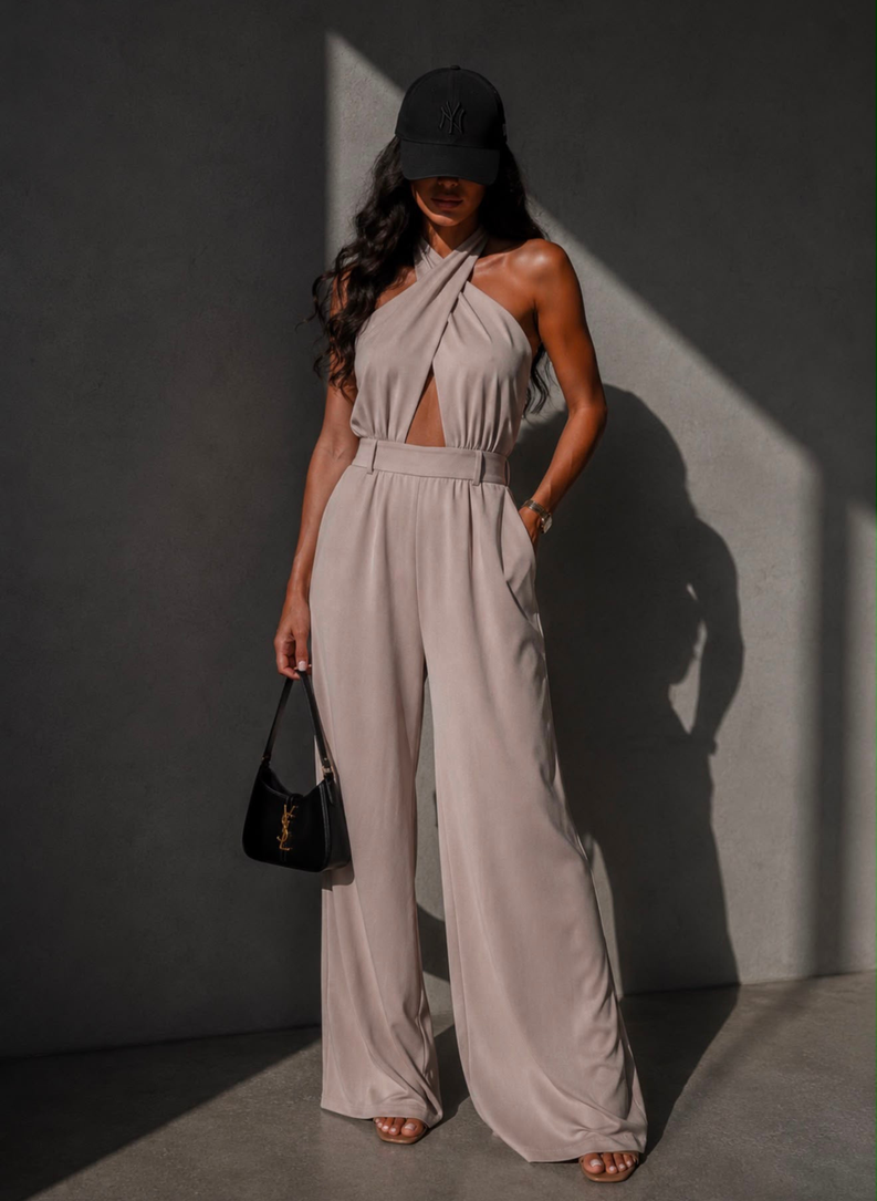 CAMILLA Beige Women's Tie-Front Jumpsuit