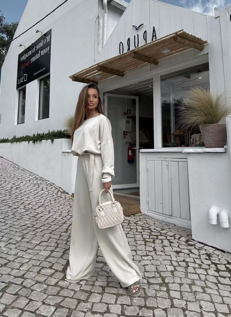 Komplet FLOW bluza i szerokie spodnie jasny beż