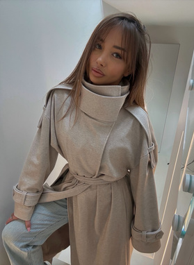 Women’s WICK coat beige melange with a high collar and waist tie.