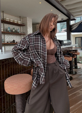  Brown plaid shirt with tied sleeves LUNA