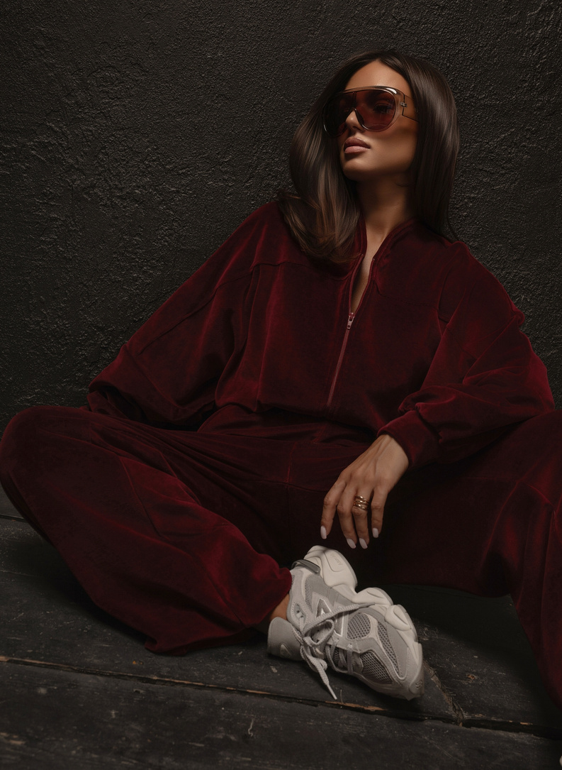 Welurowy komplet ALLYSON spodnie i bluza bordowy