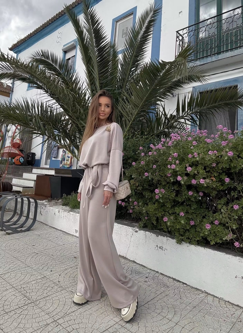 Komplet FLOW bluza i szerokie spodnie średni beż