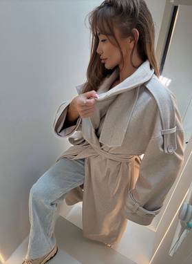 Women’s WICK coat beige melange with a high collar and waist tie.