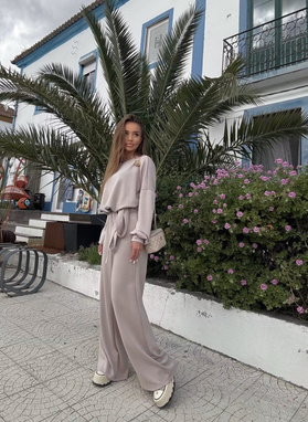 FLOW Set: Sweatshirt and Wide-Leg Pants, Medium Beige