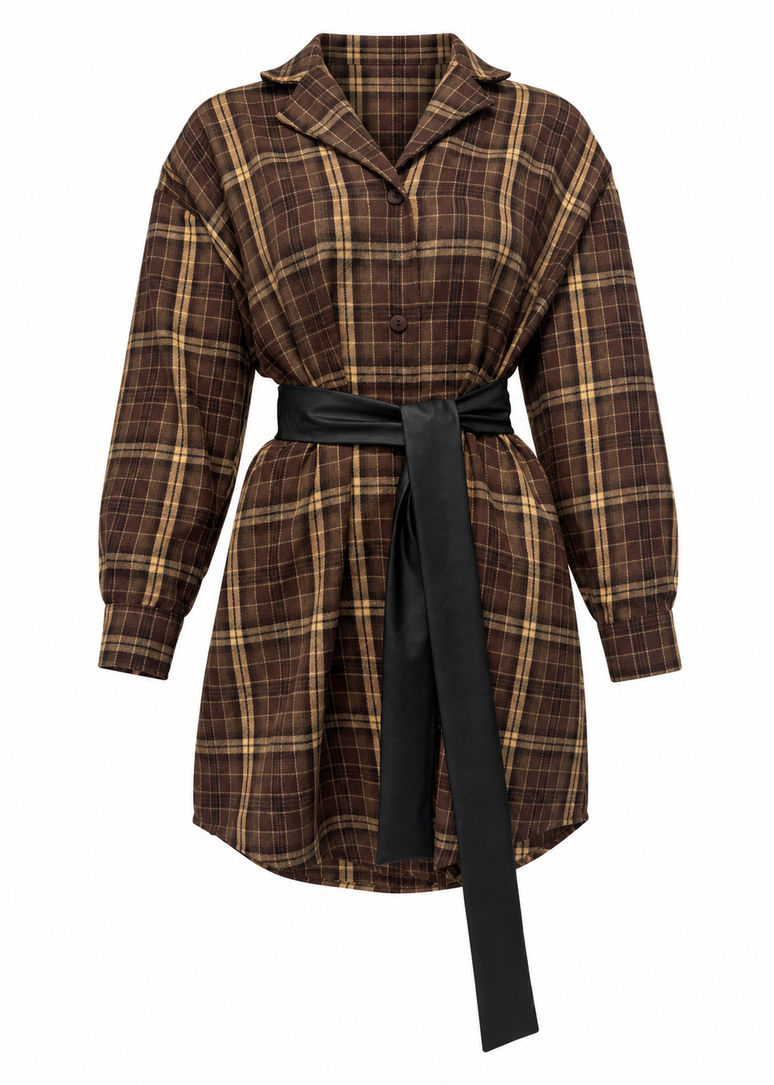  ROSA brown checkered shirt dress